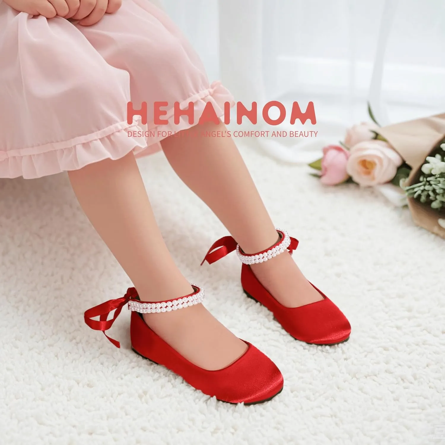 Hehainom Toddler Girls Dress Shoes Flower Girl Little Kids Mary Jane Ballet Flats Pearls Bow Wedding Party Communion Shoes