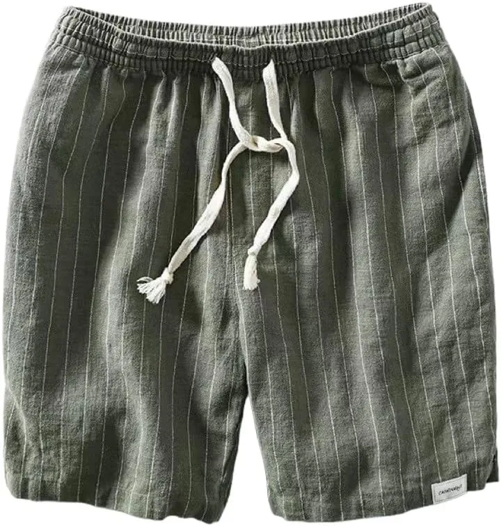 heyheyshine Mens Flat Front Shorts Linen Shorts Striped Elastic Waist Drawstring Gym Athletic Summer Beach Shorts