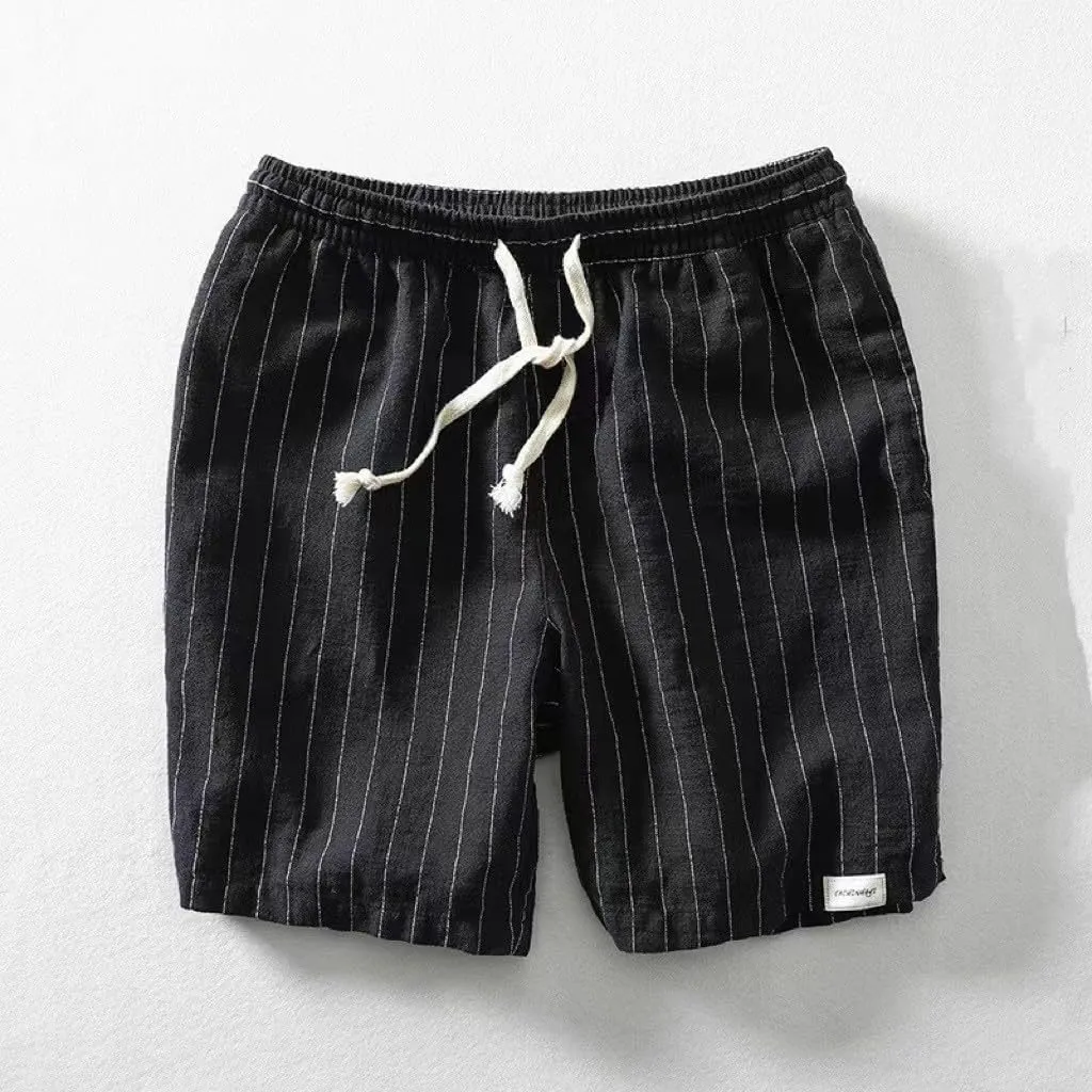 heyheyshine Mens Flat Front Shorts Linen Shorts Striped Elastic Waist Drawstring Gym Athletic Summer Beach Shorts