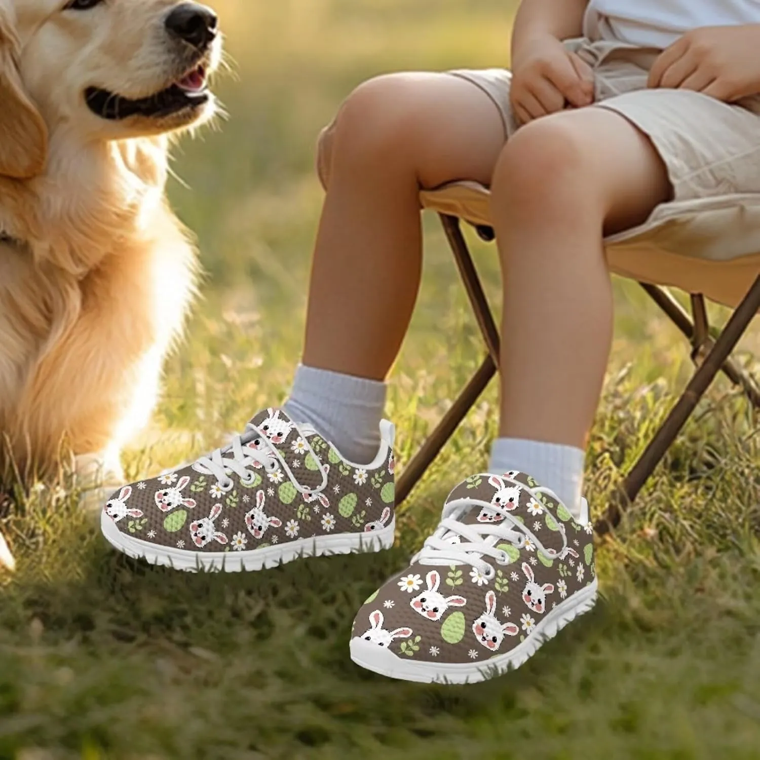 Howilath Easter Bunny Print Kids Sneakers for Boys Girls Mesh Sneakers Sports Tennis Shoes with Non-Slip Sole