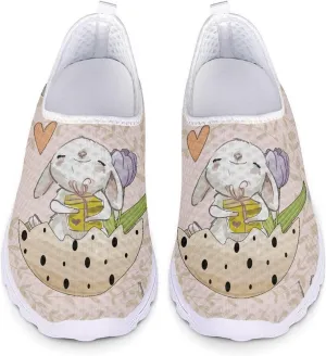 HUIACONG Easter Rabbit Egg Flat for Womens Slip On Tennis Shoes Beige Lightweight Casual Running Sneakers for Ladies Teen Girls Gym Workout Shoes Size 8.5 Comfortable Walking Shoes