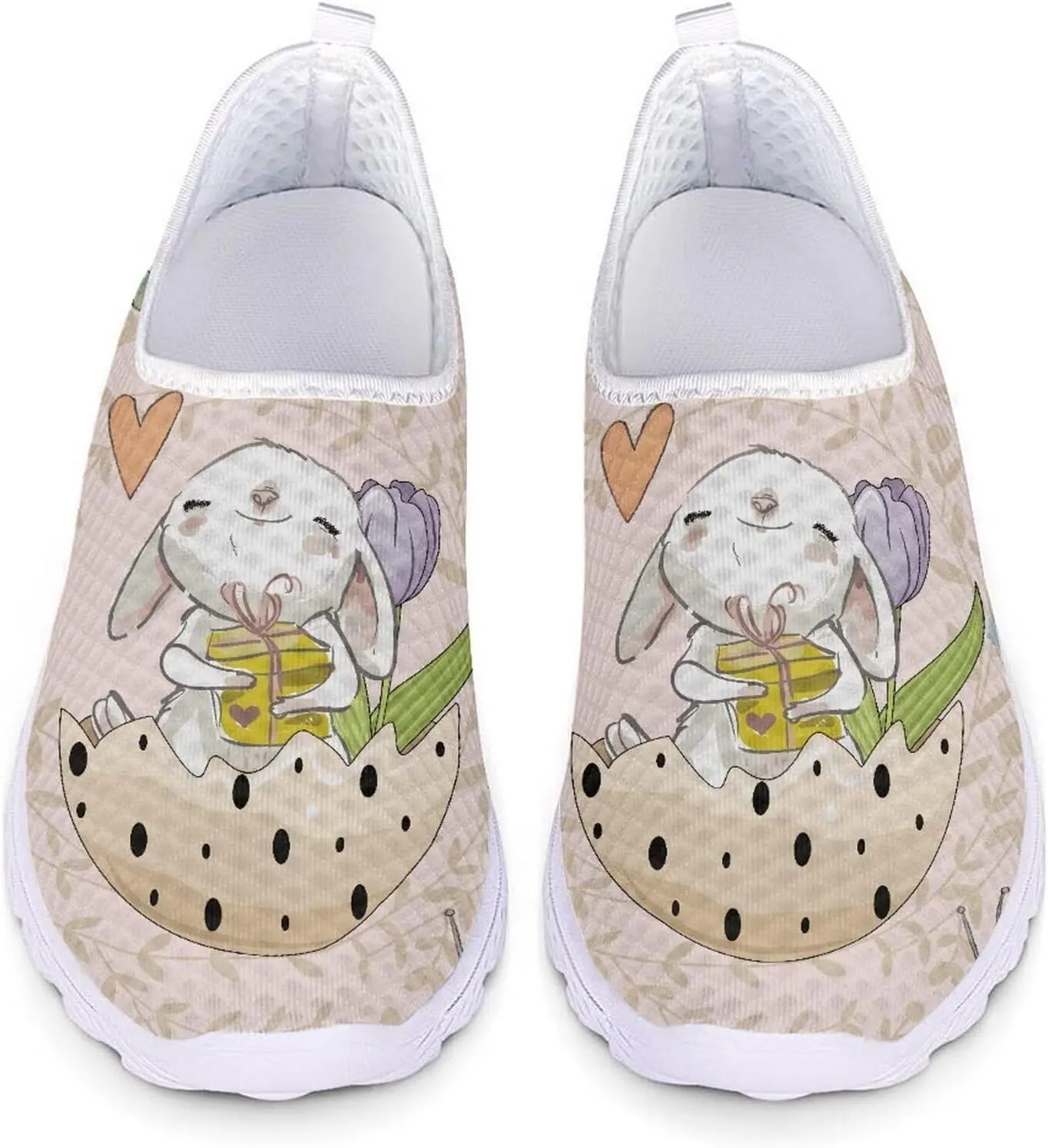 HUIACONG Easter Rabbit Egg Flat for Womens Slip On Tennis Shoes Beige Lightweight Casual Running Sneakers for Ladies Teen Girls Gym Workout Shoes Size 8.5 Comfortable Walking Shoes