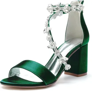 Hyinlays Women's Open Toe Block Heel Sandals Chunky Crystal Wedding Dress Shoes Ankle Strap Prom Party Pump Sandals