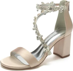 Hyinlays Women's Open Toe Block Heel Sandals Chunky Crystal Wedding Dress Shoes Ankle Strap Prom Party Pump Sandals