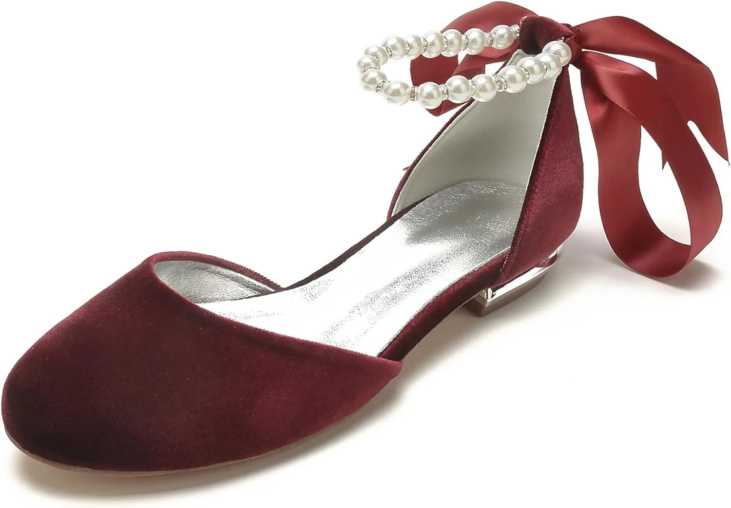 Hyinlays Women's Velvet Pumps Ankle Strap Closed Toe Flats with Pearls Wedding Comfort Low Heel Evening Dress Work Shoes
