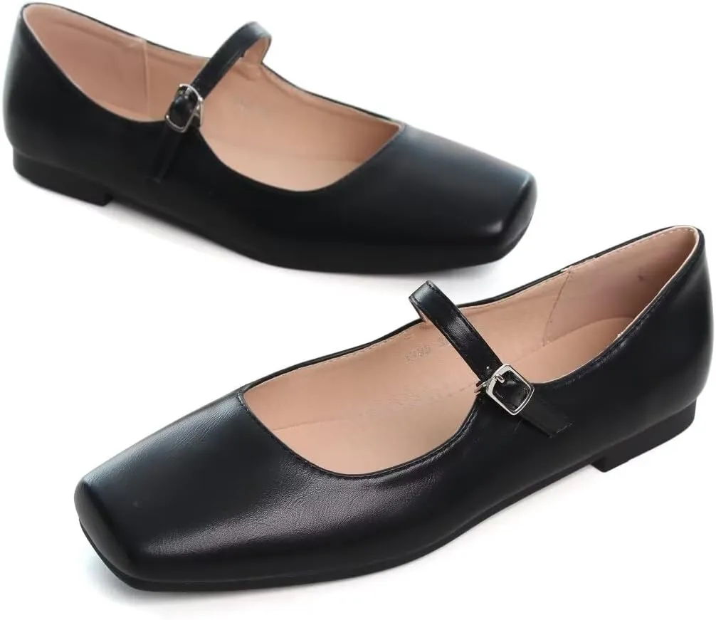INEELUYI Women's Mary Jane Flats Retro Square Toe Soft Ballet Flats Comfort One Line Strap Dress Flats