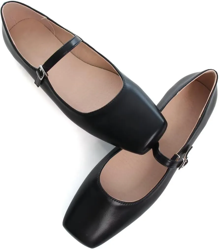 INEELUYI Women's Mary Jane Flats Retro Square Toe Soft Ballet Flats Comfort One Line Strap Dress Flats