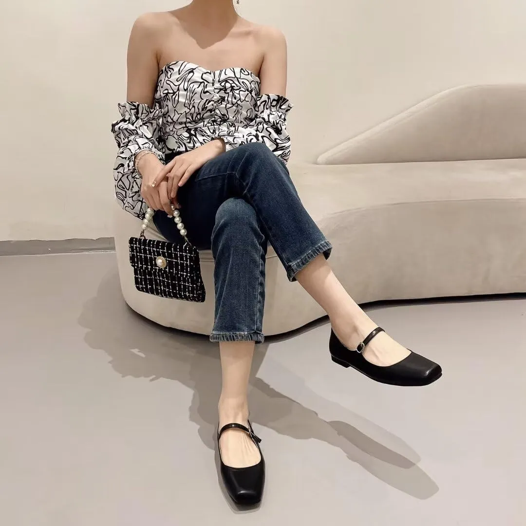 INEELUYI Women's Mary Jane Flats Retro Square Toe Soft Ballet Flats Comfort One Line Strap Dress Flats