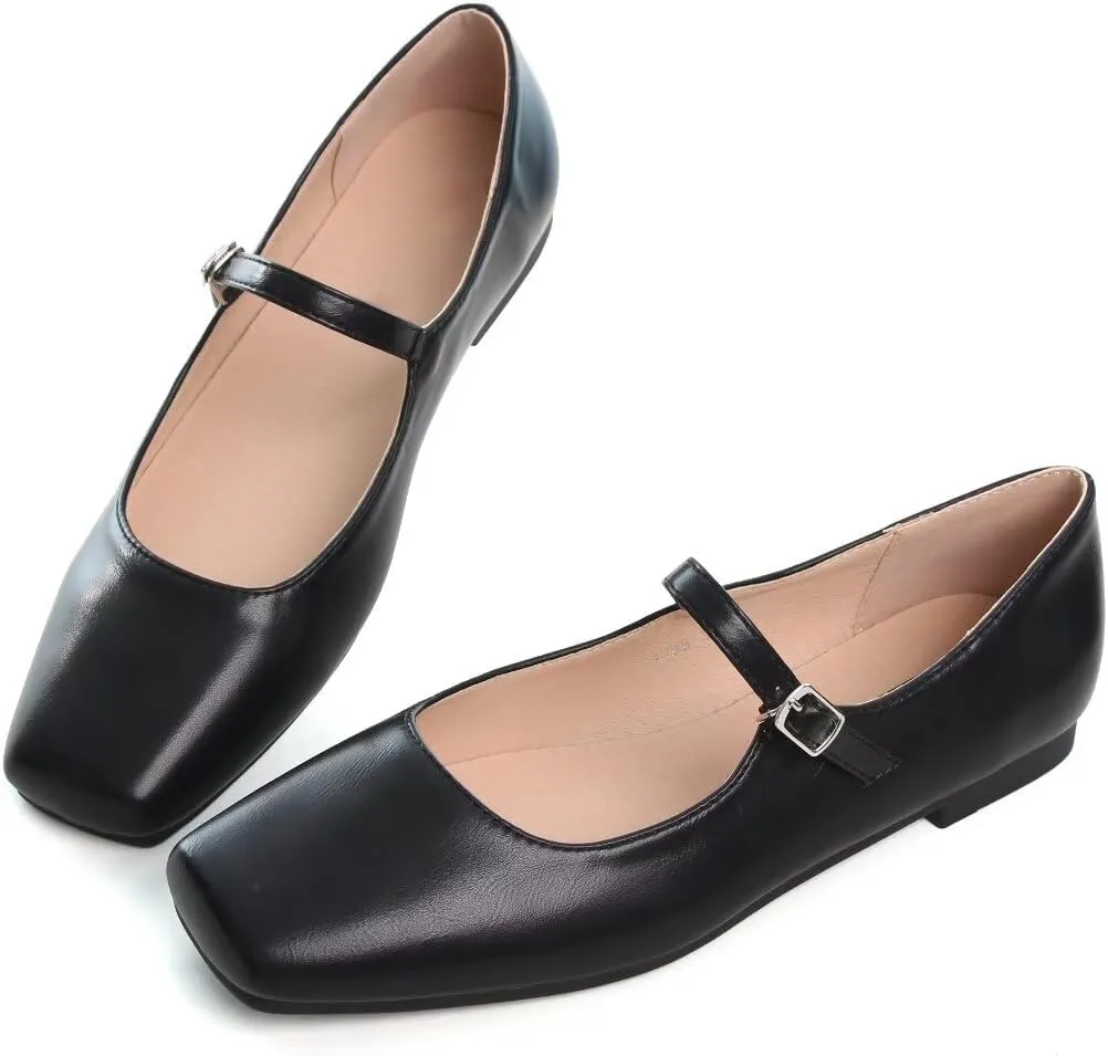 INEELUYI Women's Mary Jane Flats Retro Square Toe Soft Ballet Flats Comfort One Line Strap Dress Flats