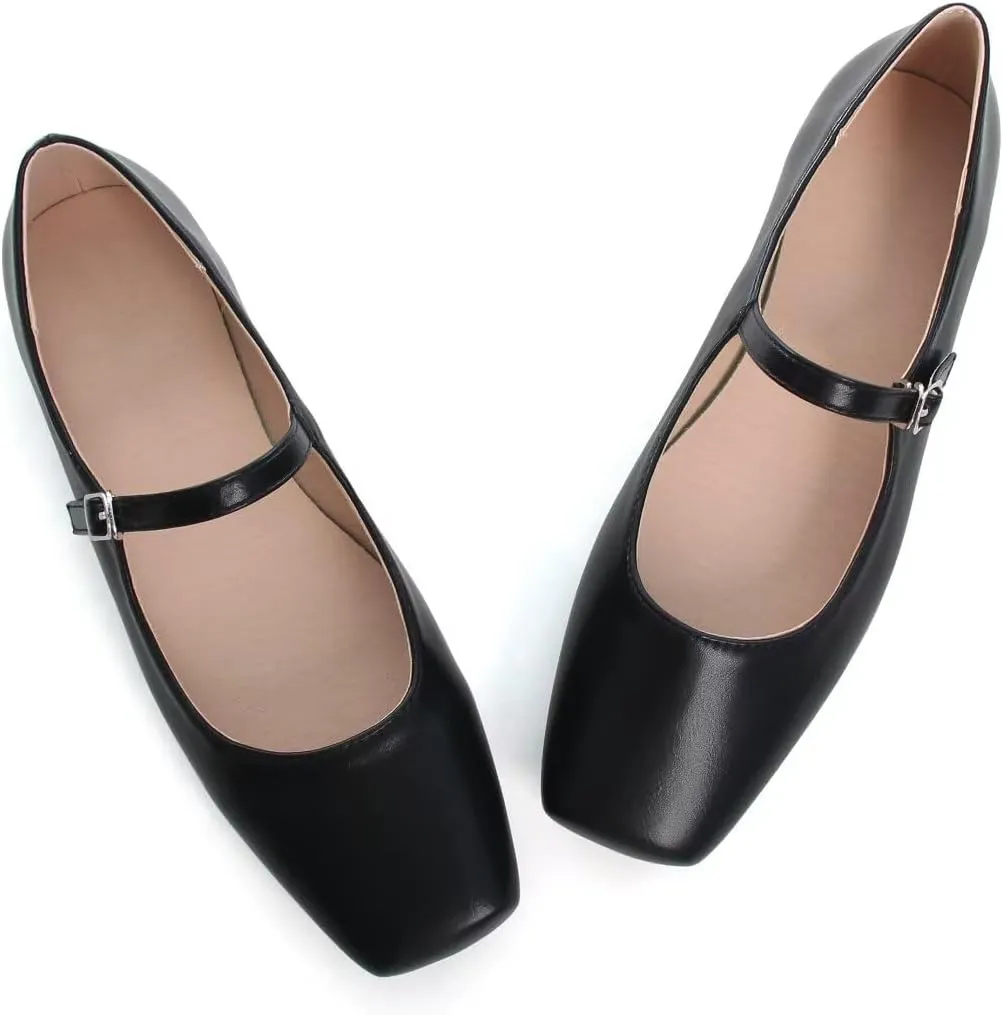 INEELUYI Women's Mary Jane Flats Retro Square Toe Soft Ballet Flats Comfort One Line Strap Dress Flats