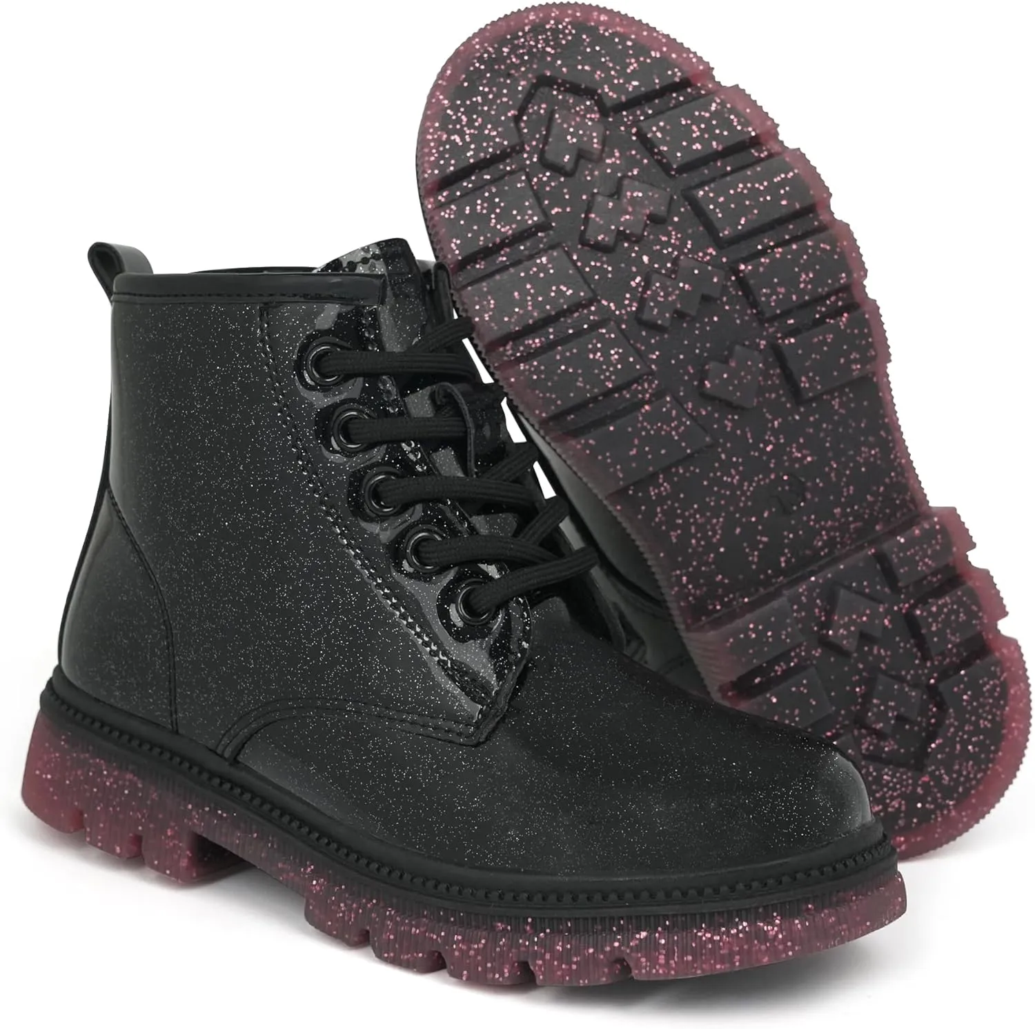 JABASIC Girls Ankle Boots Kids Lace-up Glittery Combat Work Boot