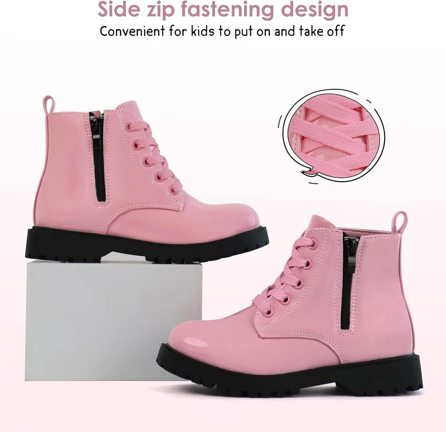 JABASIC Girls Ankle Boots Side Zipper Lace Up Work Boot Combat Booties for Little/Big Kids