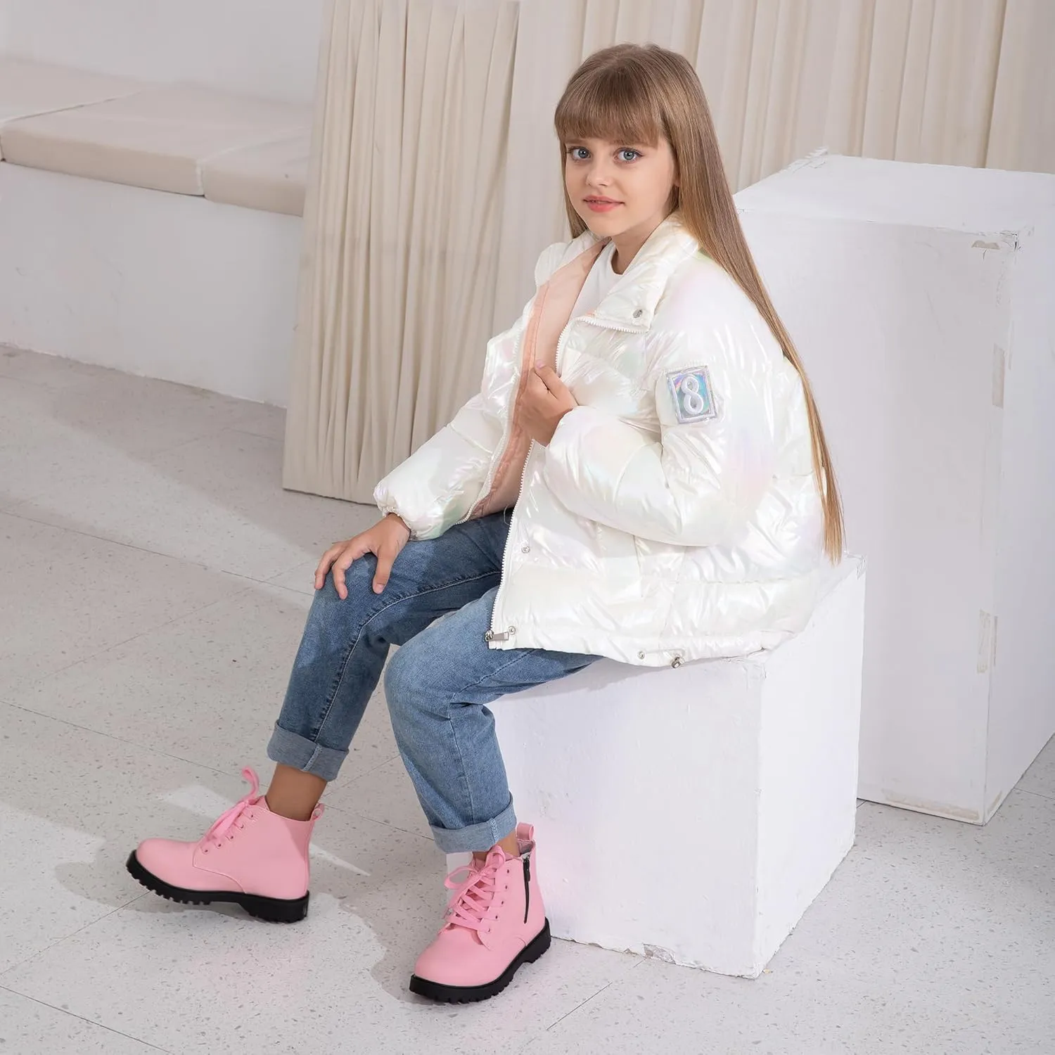 JABASIC Girls Ankle Boots Side Zipper Lace Up Work Boot Combat Booties for Little/Big Kids