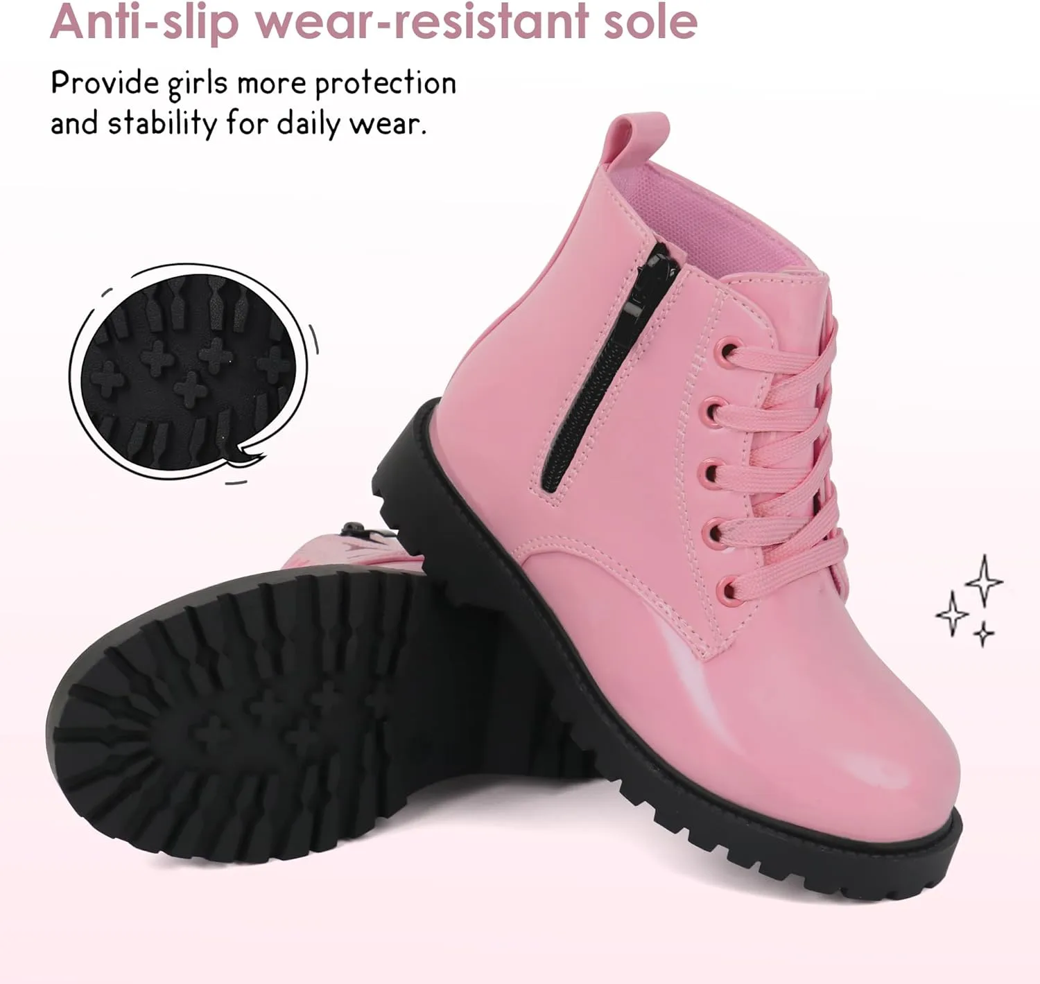 JABASIC Girls Ankle Boots Side Zipper Lace Up Work Boot Combat Booties for Little/Big Kids