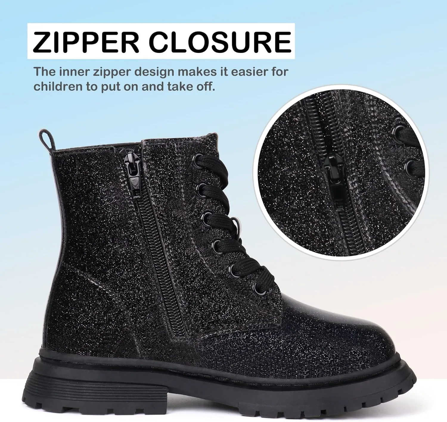 JABASIC Girls Boys Ankle Boots Lace-Up Waterproof Work Boots with Side Zipper