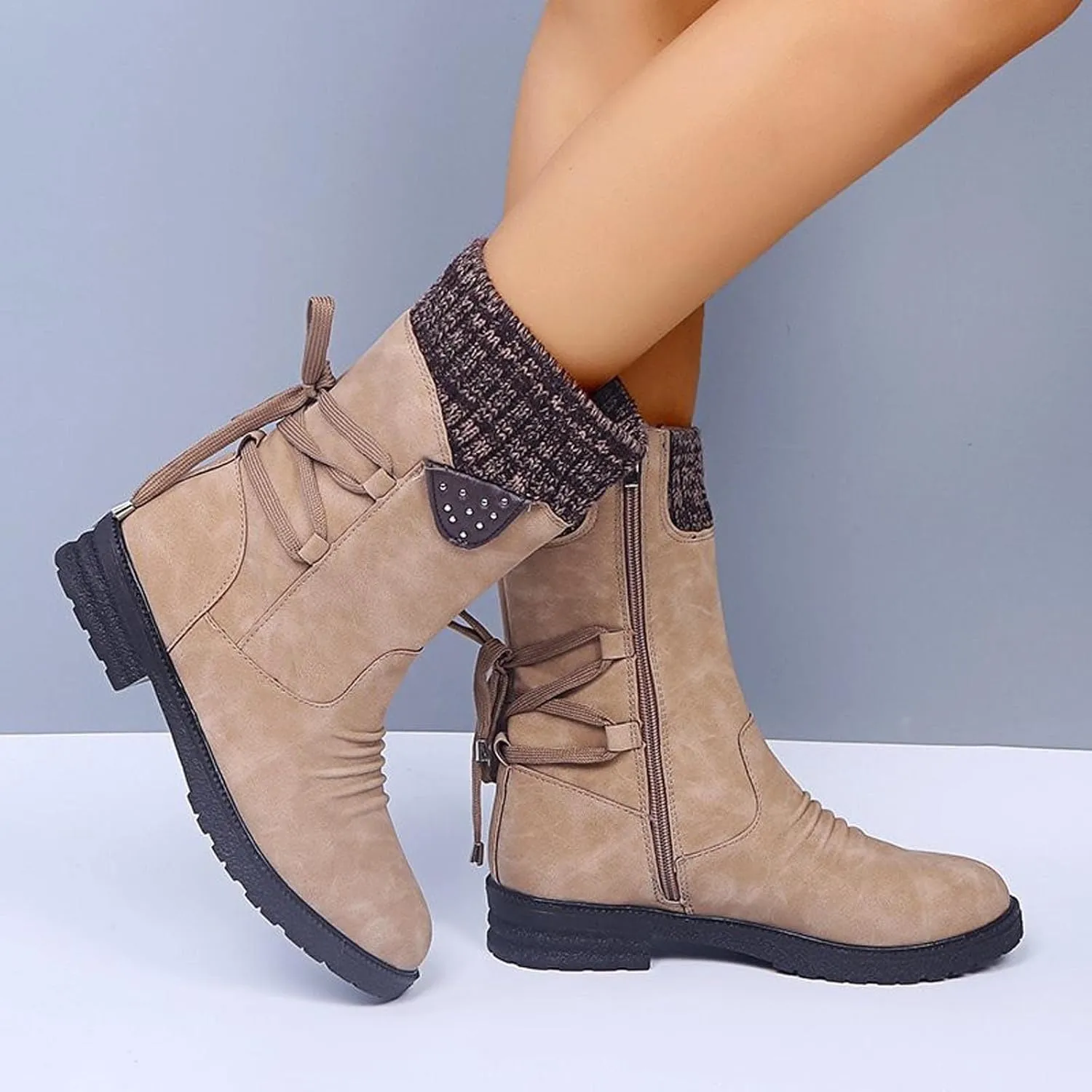 JEGULV Chunky Platform Boots for Women, Square Toe Shoes Lace up Zip High Heel Booties Combat Wedge Ankle Boots