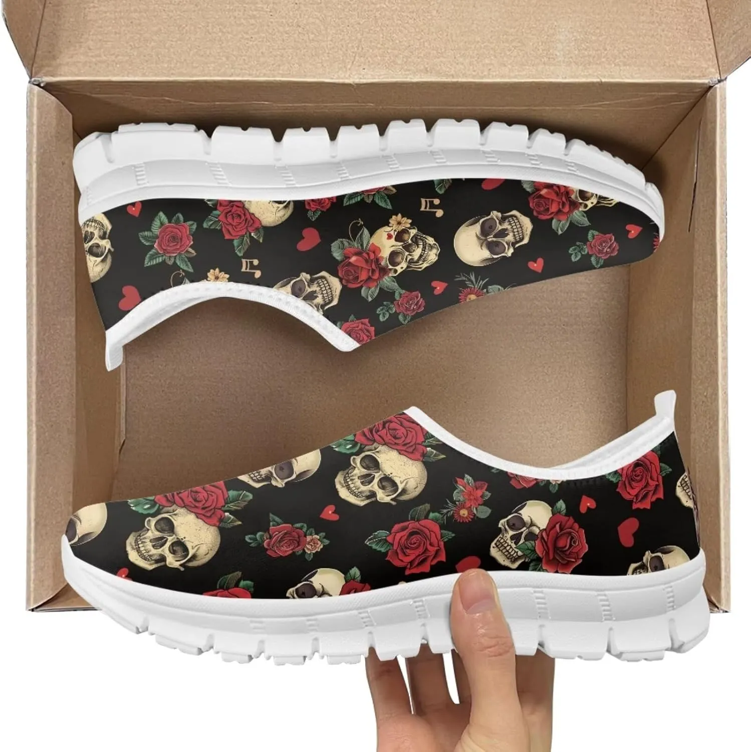 Jeiento Gothic Skull Slip On Shoes for Women Cozy Walking Shoes Fashion Travel Shoes