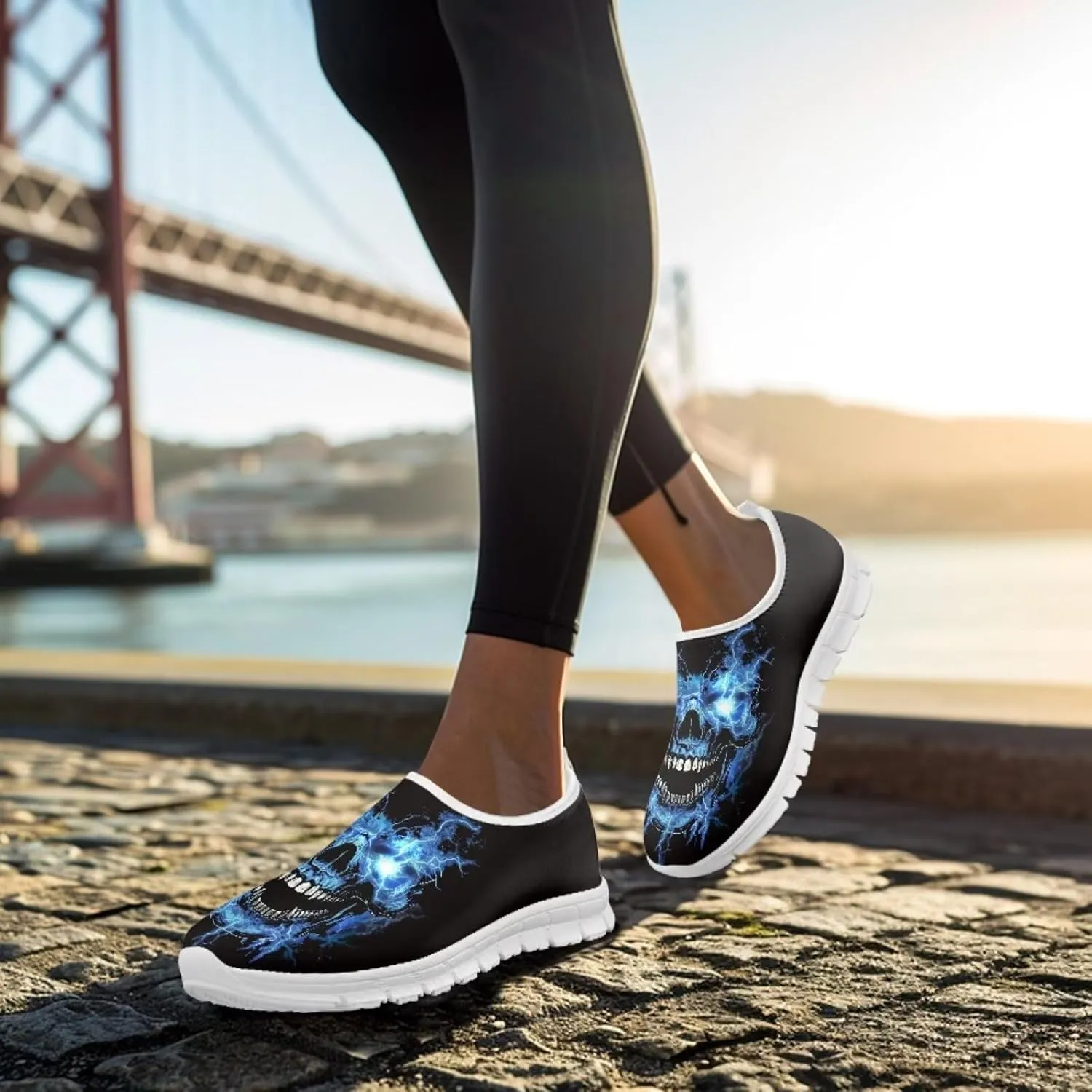 Jeiento Gothic Skull Slip On Shoes for Women Cozy Walking Shoes Fashion Travel Shoes