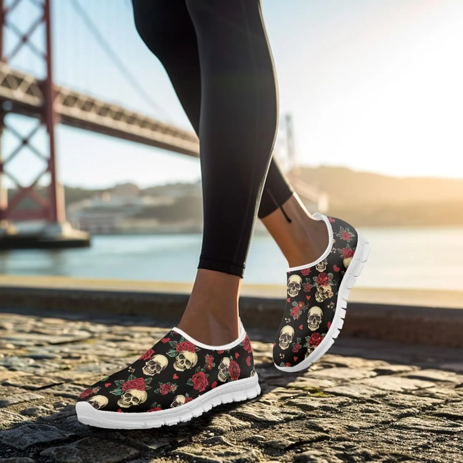 Jeiento Gothic Skull Slip On Shoes for Women Cozy Walking Shoes Fashion Travel Shoes