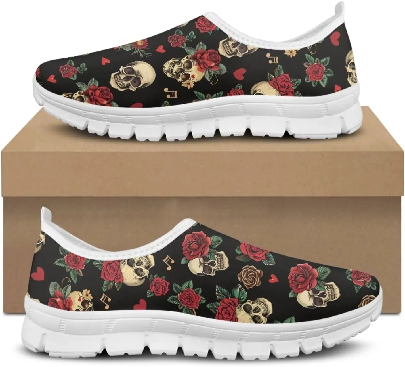Jeiento Gothic Skull Slip On Shoes for Women Cozy Walking Shoes Fashion Travel Shoes