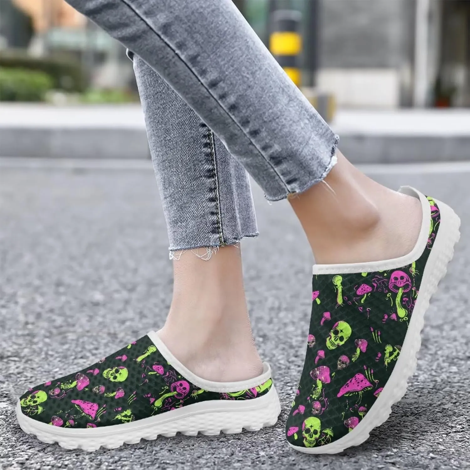 Jeiento Womens Slip On Mules Shoes Backless Walking Sneakers Skull Shoes Casual Slippers