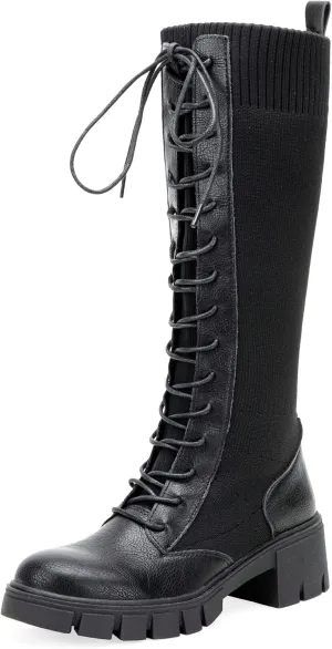 Jeossy Women's Knee High Combat 9603 Boots, Tall Platform Chunky Heel Boots Wide Claf