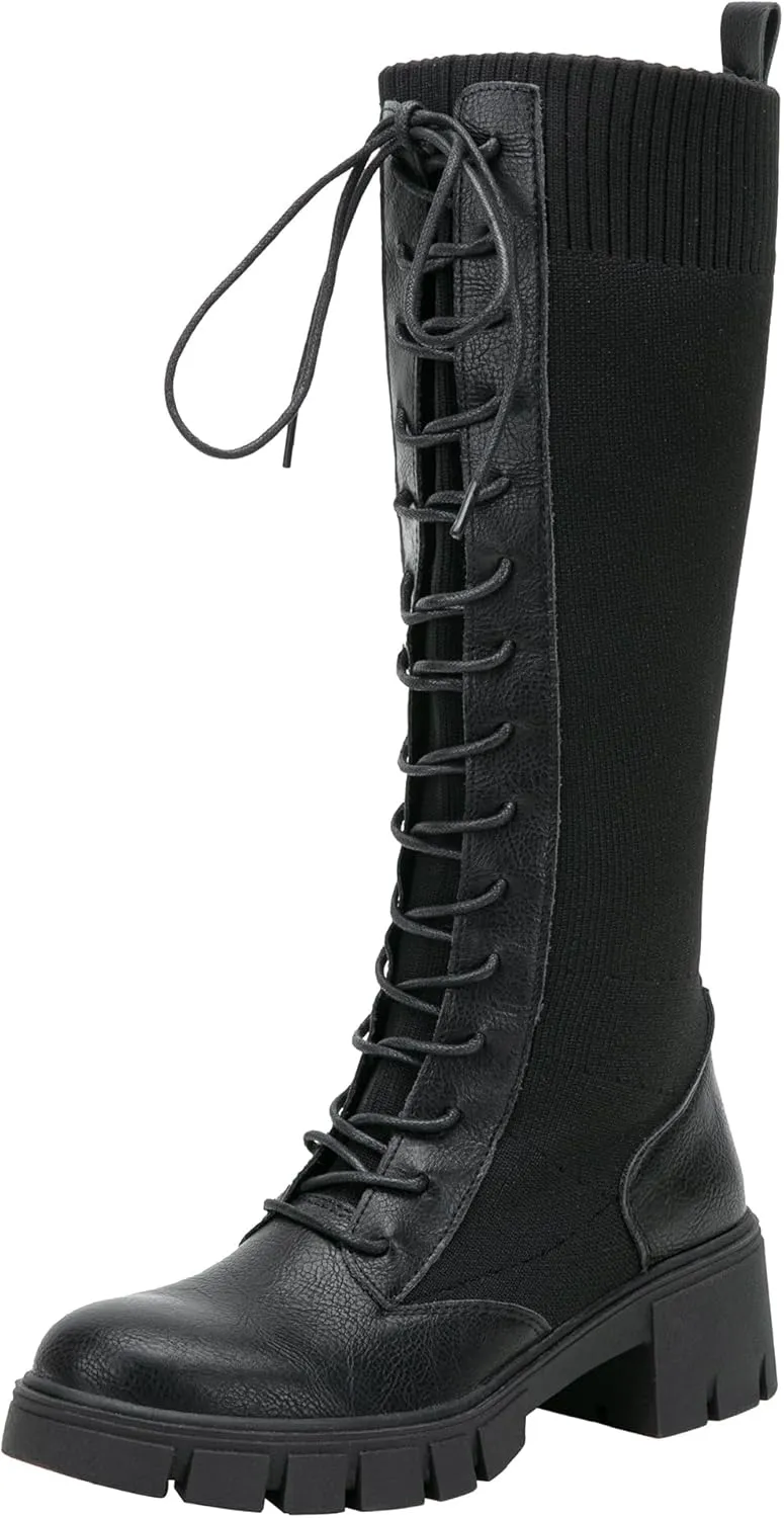 Jeossy Women's Knee High Combat 9603 Boots, Tall Platform Chunky Heel Boots Wide Claf