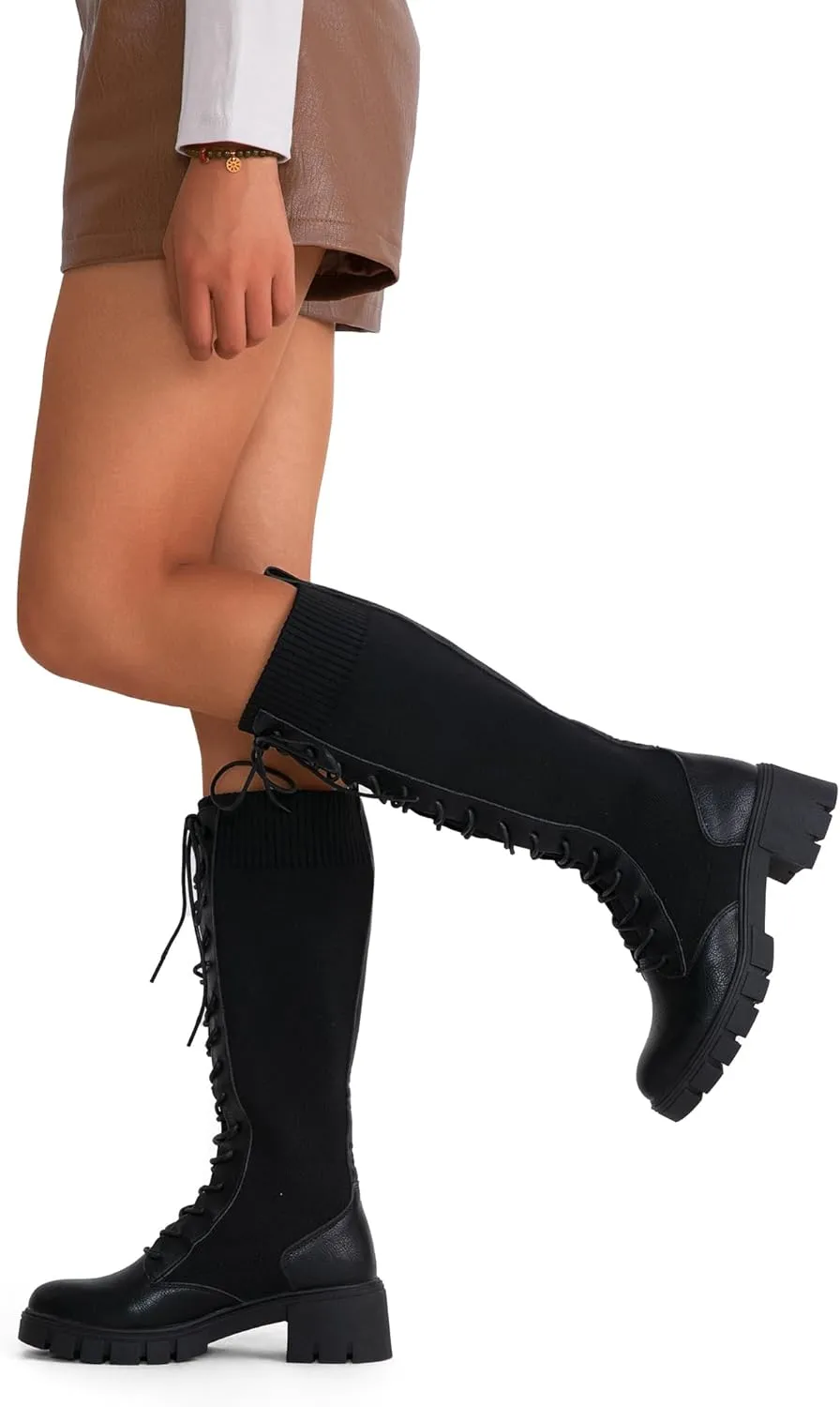 Jeossy Women's Knee High Combat 9603 Boots, Tall Platform Chunky Heel Boots Wide Claf