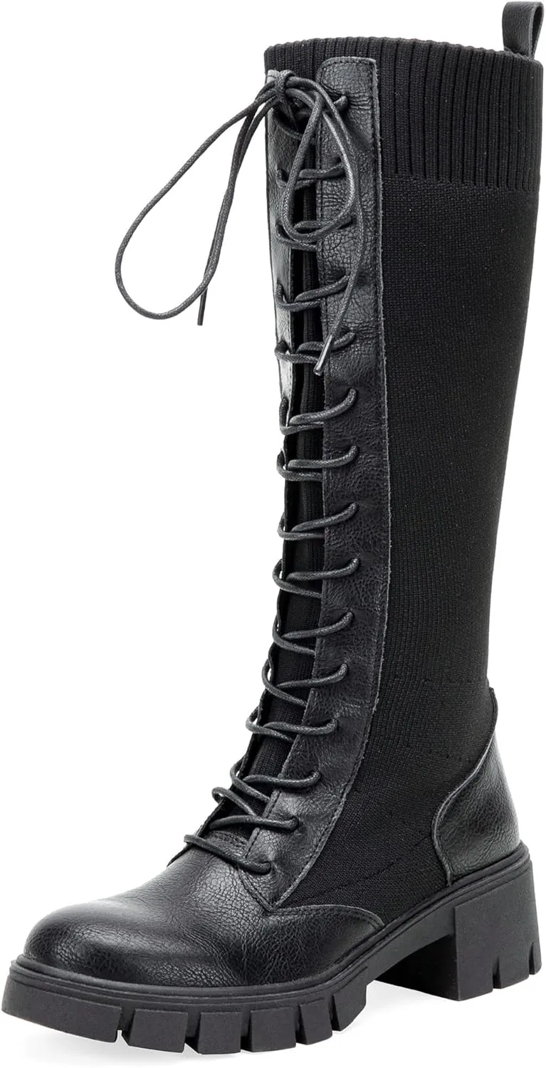 Jeossy Women's Knee High Combat 9603 Boots, Tall Platform Chunky Heel Boots Wide Claf
