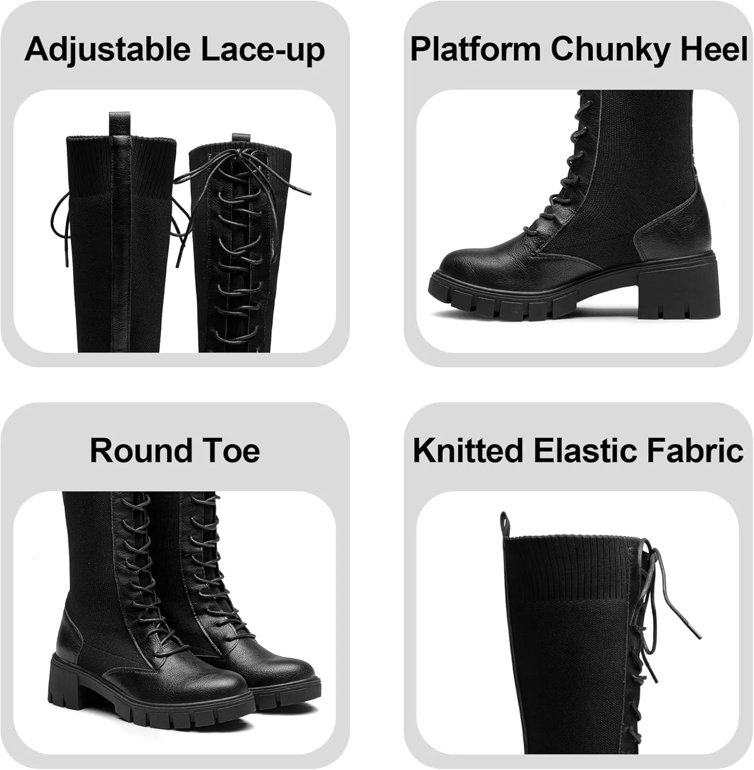 Jeossy Women's Knee High Combat 9603 Boots, Tall Platform Chunky Heel Boots Wide Claf