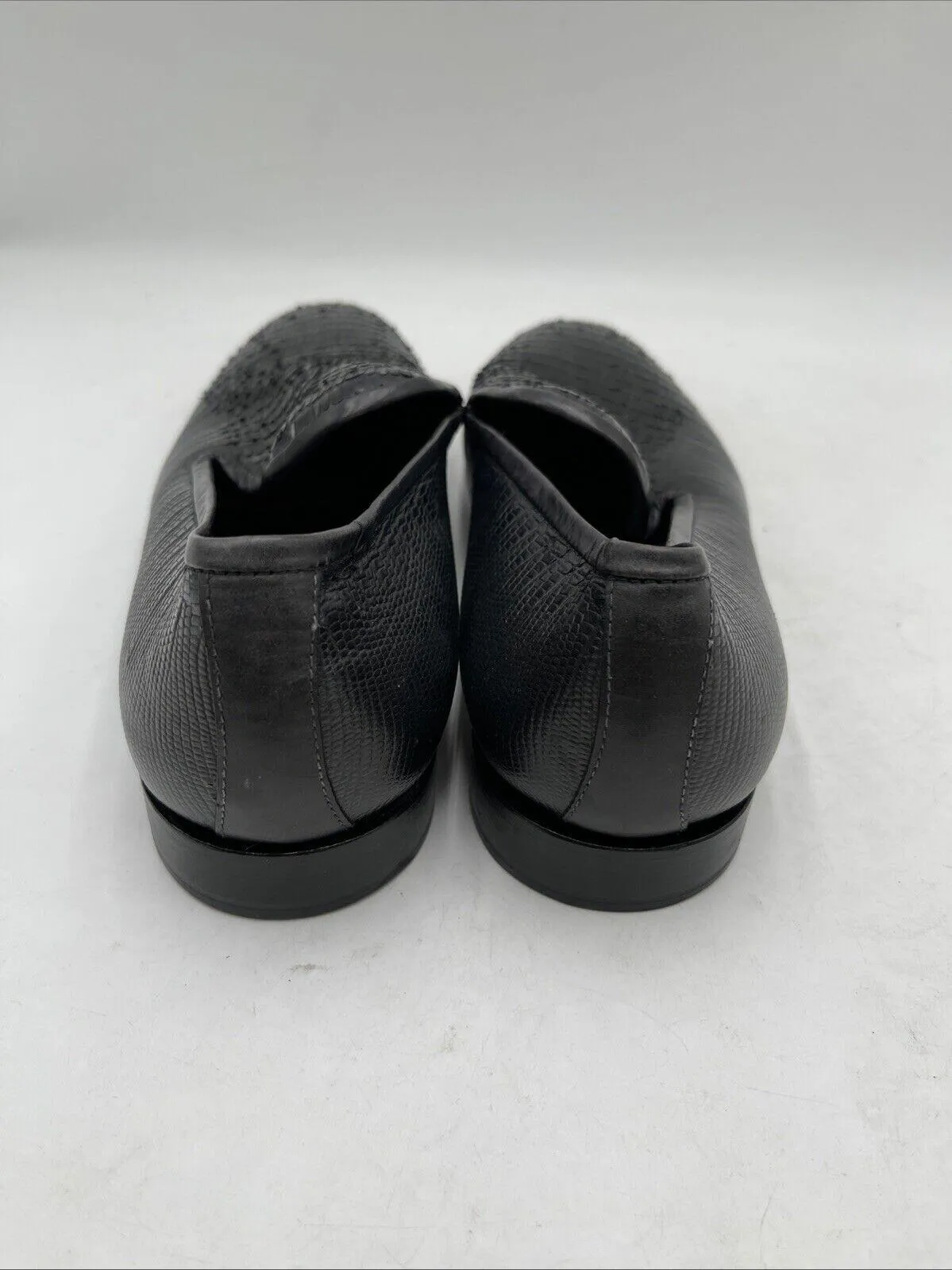 Jo Ghost Black Lizard Print Leather Round Toe Slip On Loafers, Mens Size 41 - Very Good