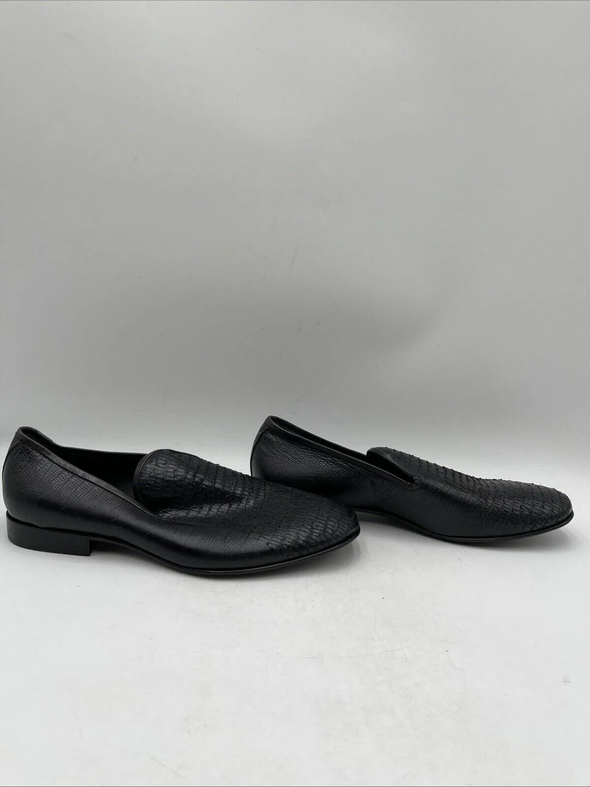 Jo Ghost Black Lizard Print Leather Round Toe Slip On Loafers, Mens Size 41 - Very Good