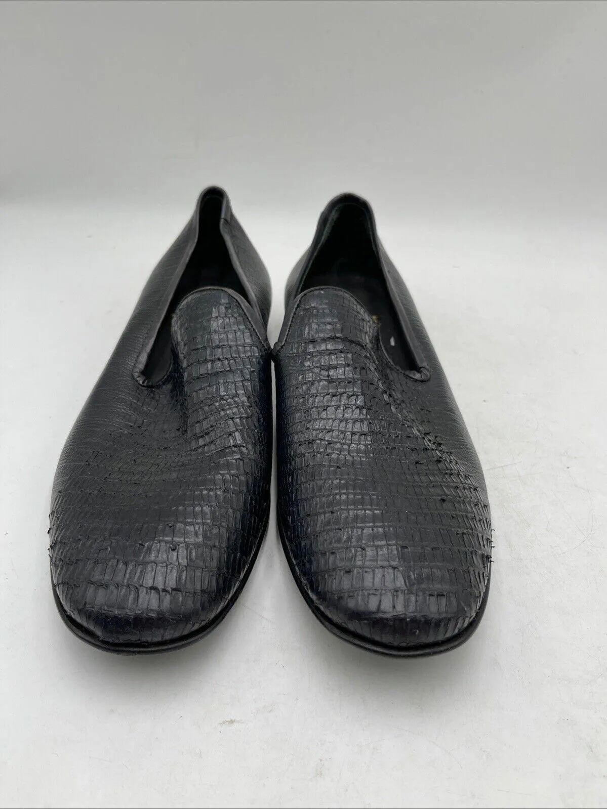 Jo Ghost Black Lizard Print Leather Round Toe Slip On Loafers, Mens Size 41 - Very Good