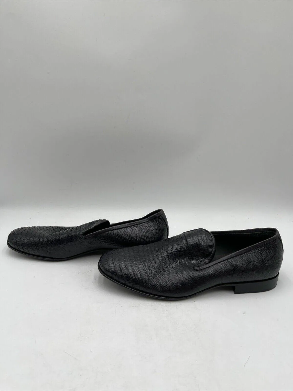 Jo Ghost Black Lizard Print Leather Round Toe Slip On Loafers, Mens Size 41 - Very Good