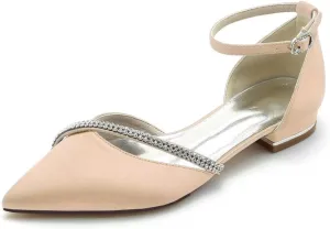 JOEupin Women Satin Crystal Wedding Flats for Bride Wedding Pointed Toe Prom Evening Bridal Party Dress Flats