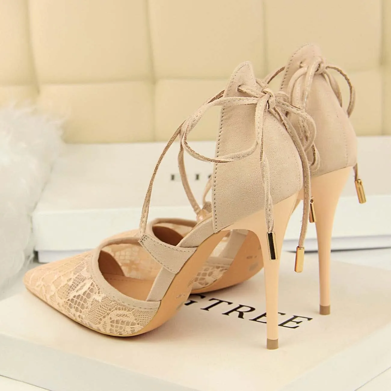 JOEupin Women's Lace Bridal High Heel Peep Toe Open Toe Cover Dress Pump