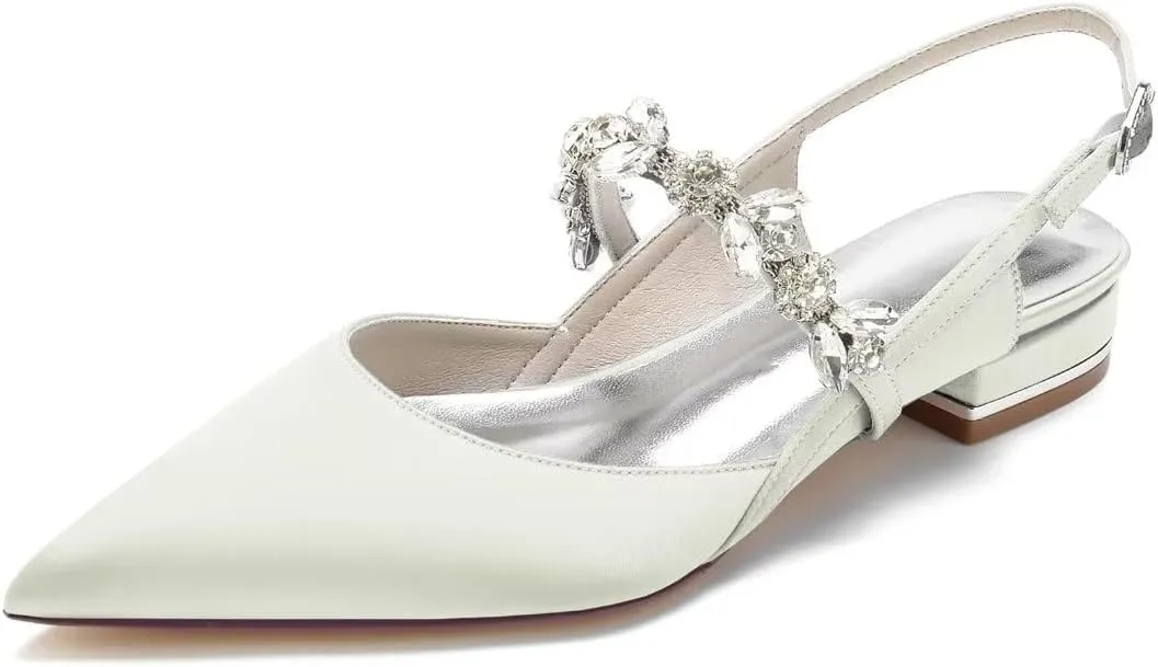 JOEupin Women's Pointed Toe Crystal Wedding Flats for Bride Satin Wedding Shoes Sling Back Bridal Flats Evening Prom Party Shoes