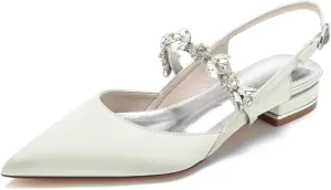 JOEupin Women's Pointed Toe Crystal Wedding Flats for Bride Satin Wedding Shoes Sling Back Bridal Flats Evening Prom Party Shoes