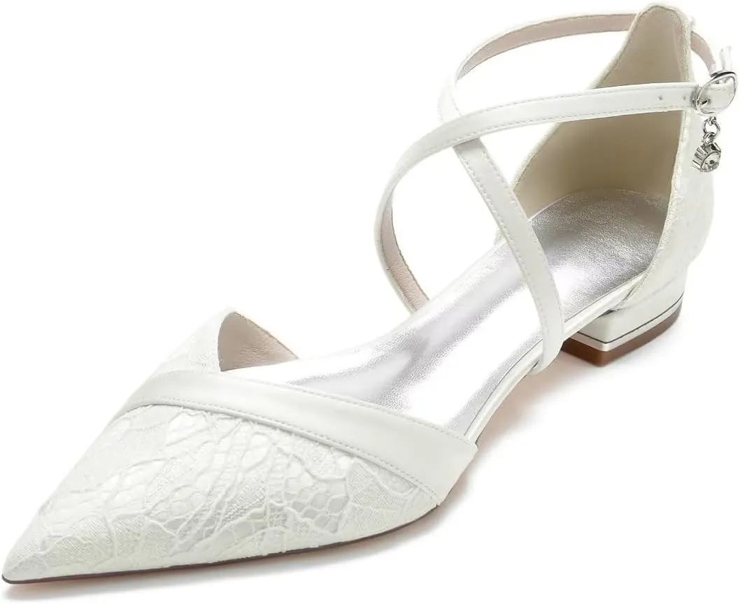 JOEupin Women's Pointed Toe Wedding Flats for Bride Low Heels Cross Ankle Strap Bridal Flats Evening Prom Party Dress Shoes Pumps