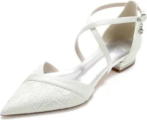 JOEupin Women's Pointed Toe Wedding Flats for Bride Low Heels Cross Ankle Strap Bridal Flats Evening Prom Party Dress Shoes Pumps