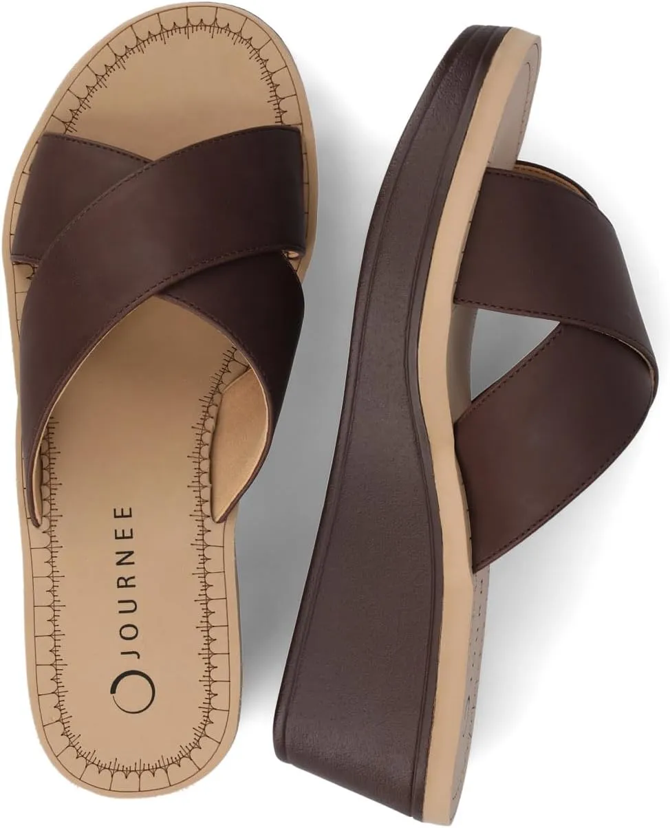 Journee Womens cushioned footbed Faux Leather Sandals Wedge Sandals Biara Crossover Straps Open Toe