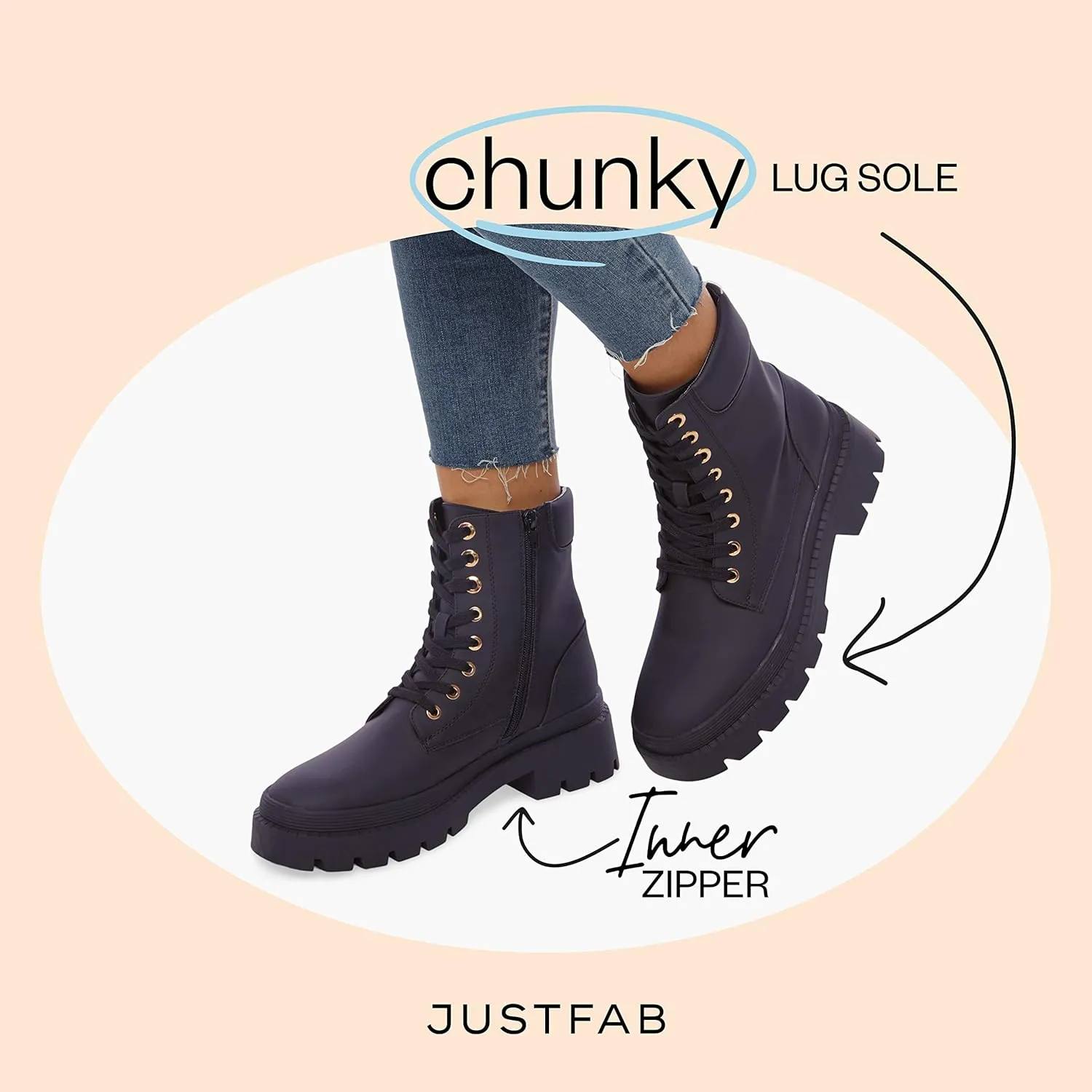 JustFab Women's Fashion Platform Combat Boots Lace Up Low Chunky Heel Ankle Booties Shoes - Tevos