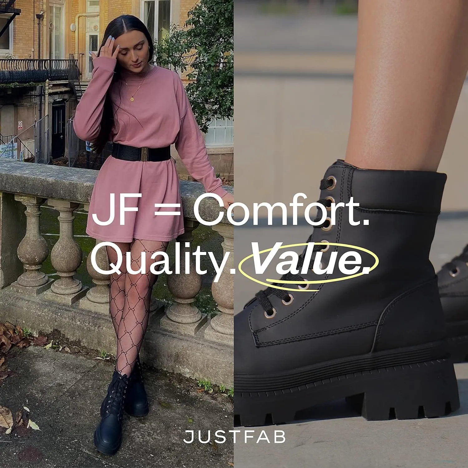 JustFab Women's Fashion Platform Combat Boots Lace Up Low Chunky Heel Ankle Booties Shoes - Tevos