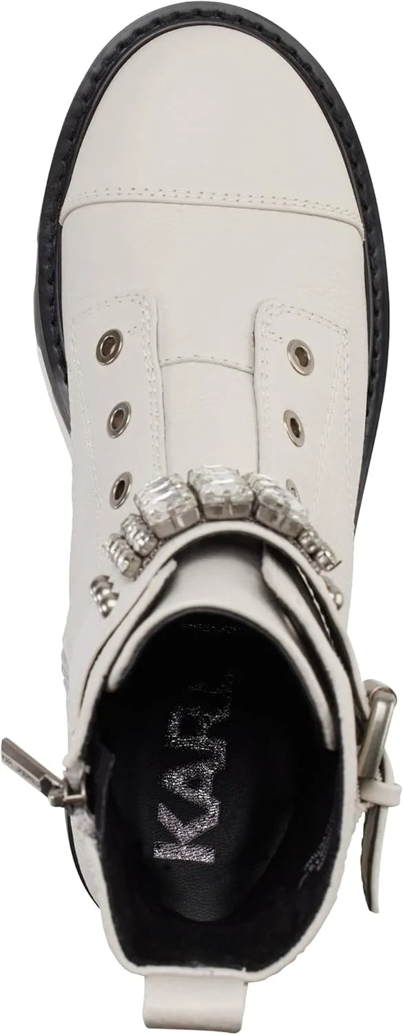 KARL LAGERFELD Women's Lug-Sole Maeva Combat Boot with Crystal Detail
