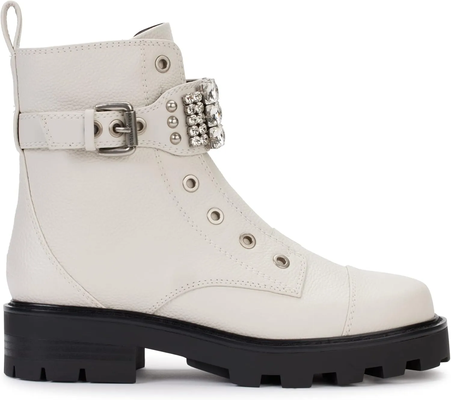 KARL LAGERFELD Women's Lug-Sole Maeva Combat Boot with Crystal Detail