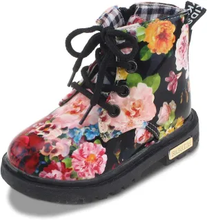 Kid Girl's Floral Boots Lace Up Booties Black Flower,Toddler Size 7