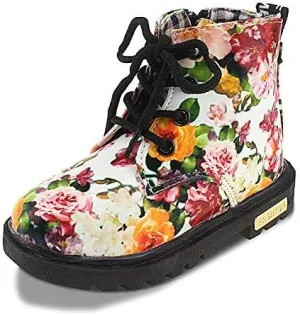 Kid Girl's Floral Boots Lace Up Booties White Flower,Toddler Size 9.5
