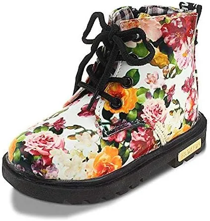 Kid Girl's Floral Boots Lace Up Booties White Flower,Toddler Size 9.5