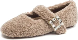 Kluolandi Women's Shearling Ballet Flats with Strap Warm Rabbit Fur Lined Crystal Buckle Mary Jane Flat Shoes