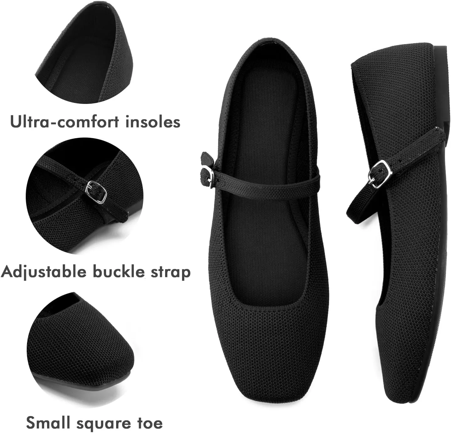 Knit Flats for Women Square Toe Flats Casual Ballet Flats with Ankle Strap,Mary Jane Shoes Women Comfortable for Dressy Office